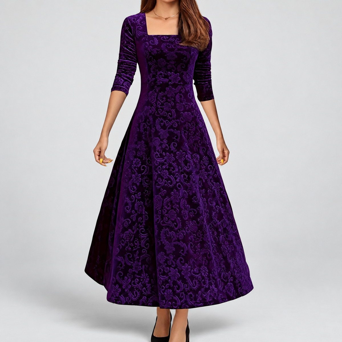 Women's Floral Velvet Midi Dress with Square Neckline in Navy Blue — view 3