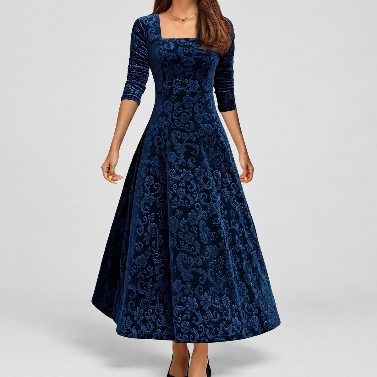Women's Floral Velvet Midi Dress with Square Neckline in Blue — view 4