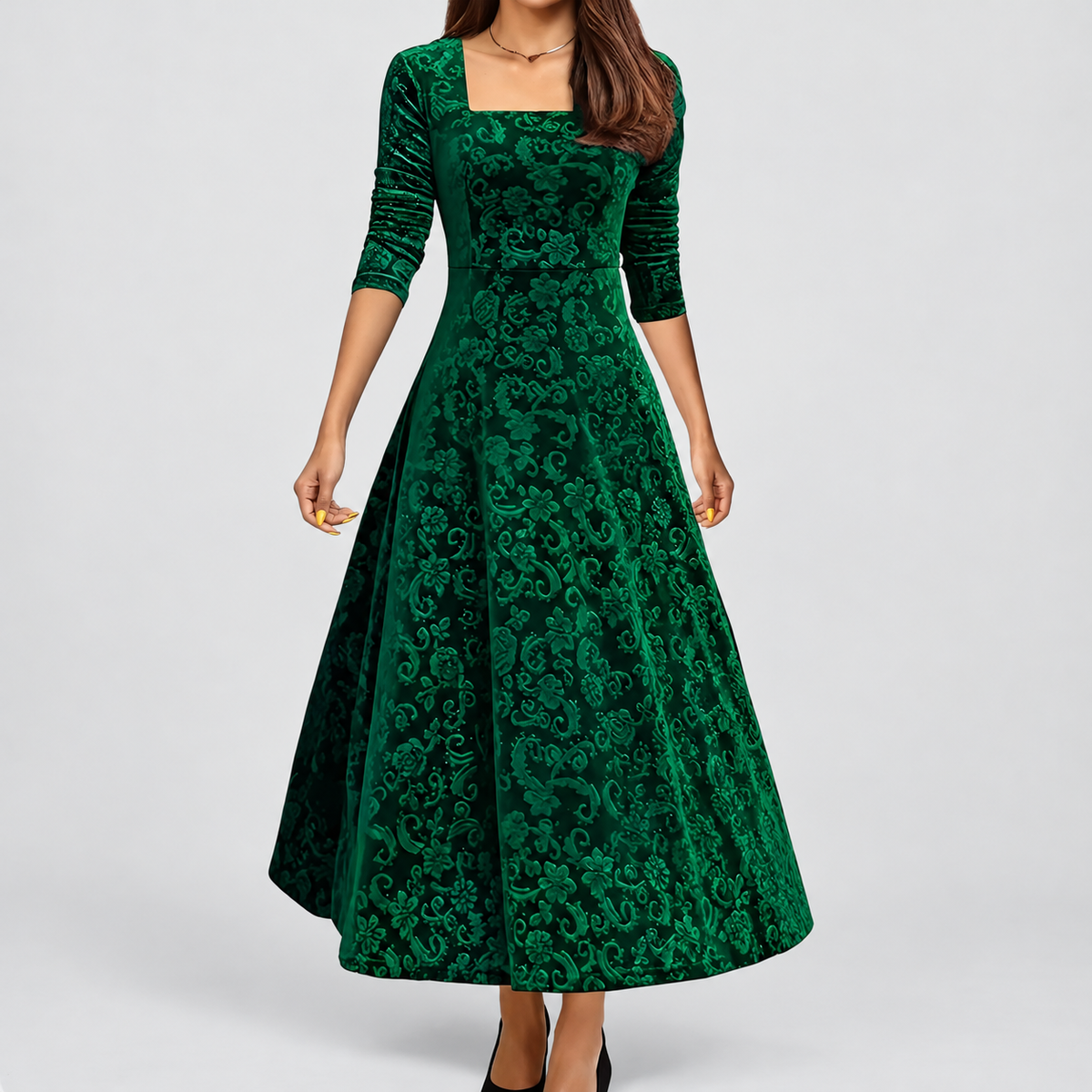 Women's Floral Velvet Midi Dress with Square Neckline in Green — view 5