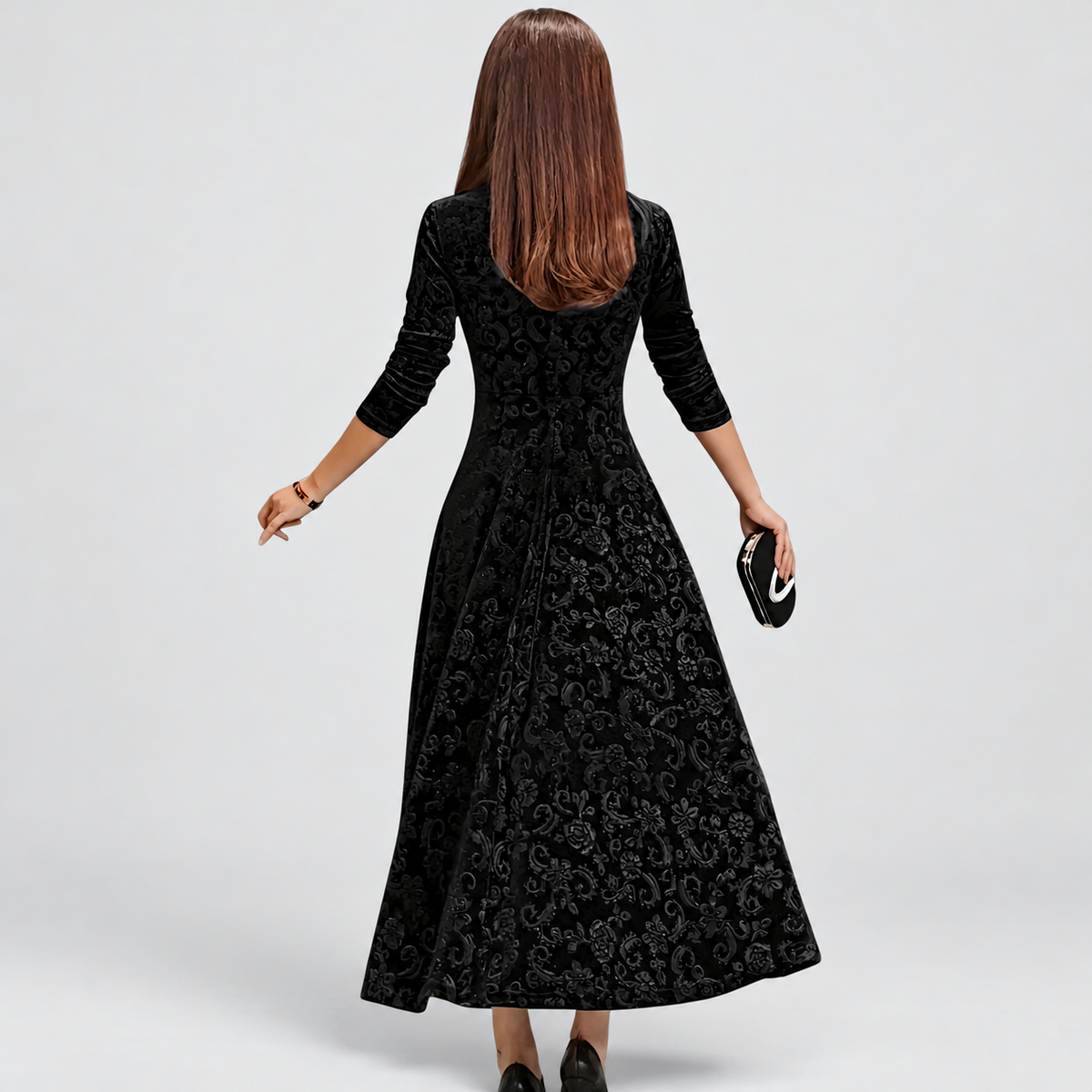 Women's Floral Velvet Midi Dress with Square Neckline — view 6