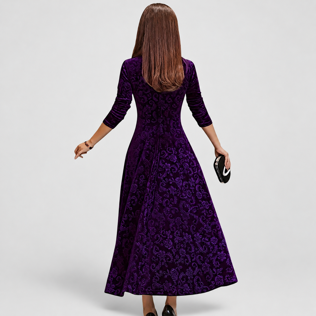 Women's Floral Velvet Midi Dress with Square Neckline — view 7