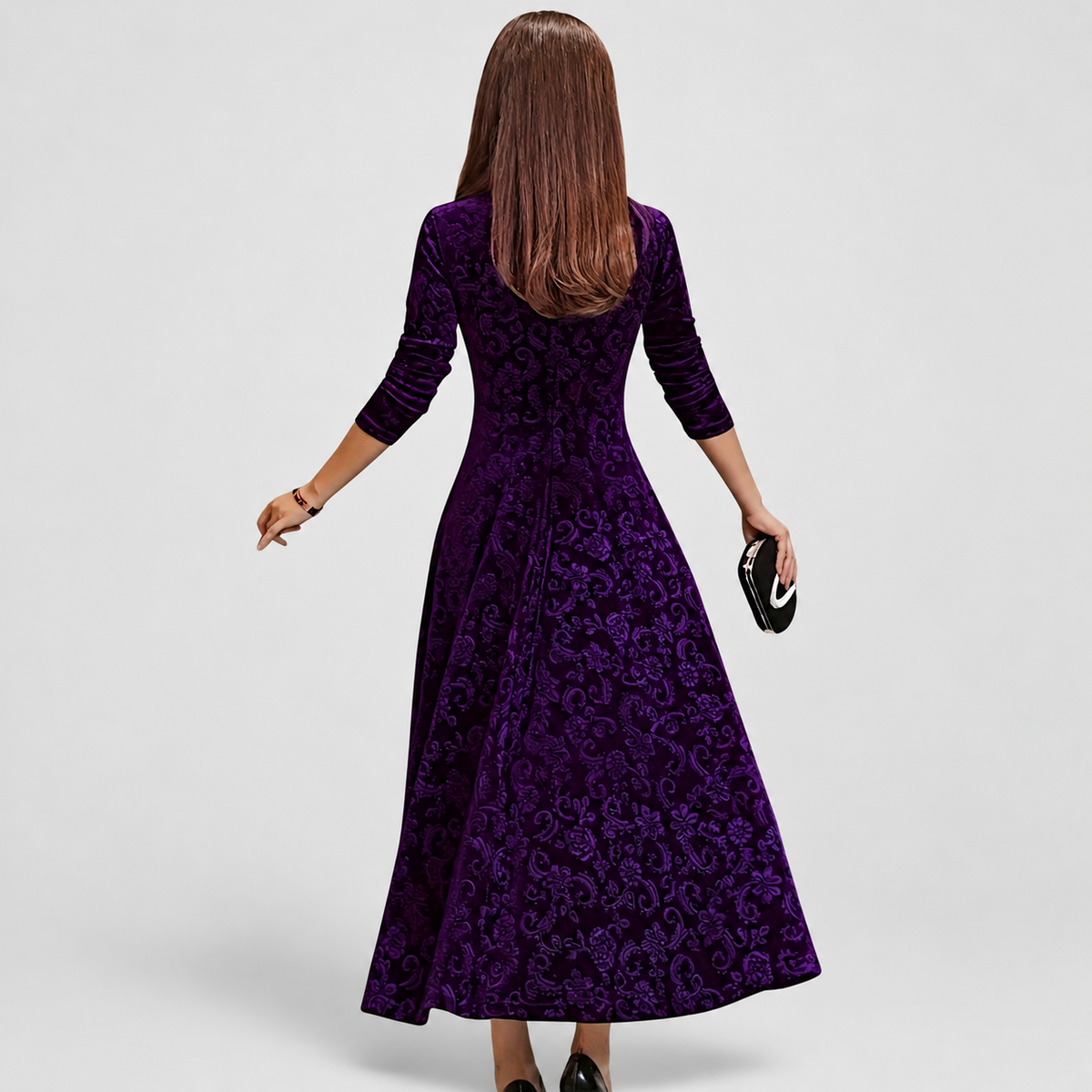 Women's Floral Velvet Midi Dress with Square Neckline — view 7