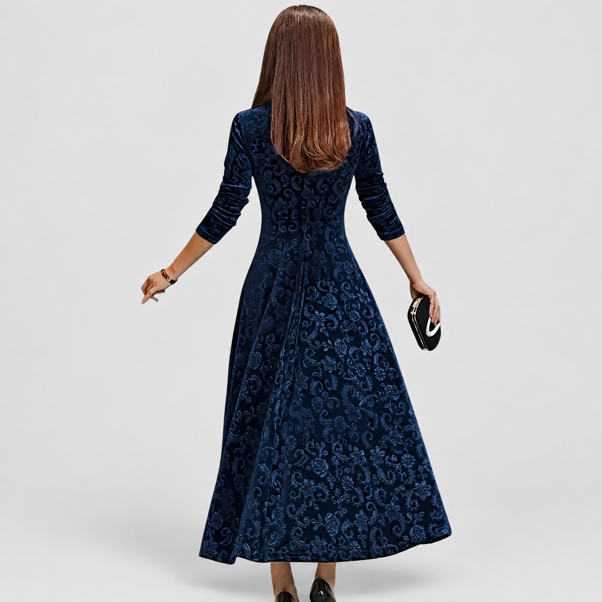 Women's Floral Velvet Midi Dress with Square Neckline — view 8
