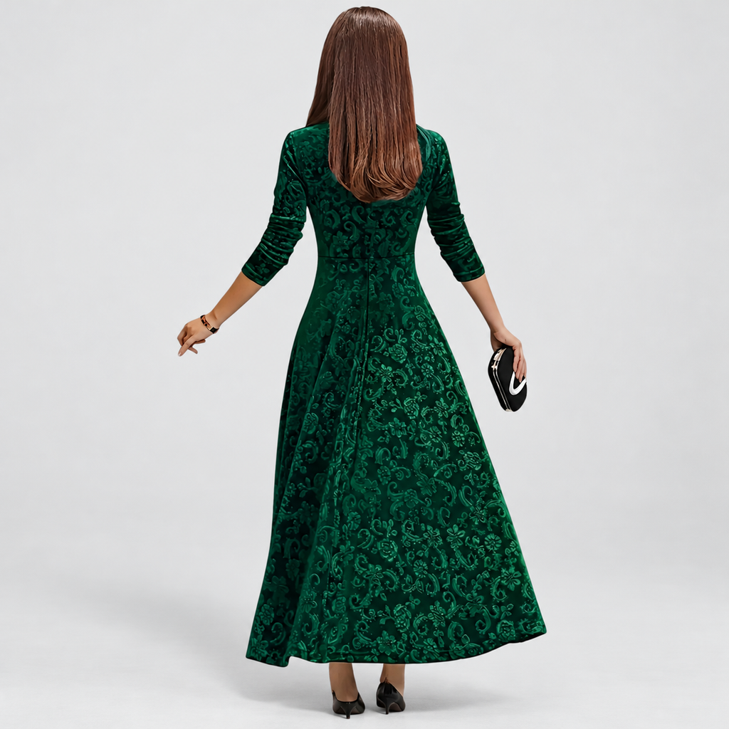Women's Floral Velvet Midi Dress with Square Neckline — view 9