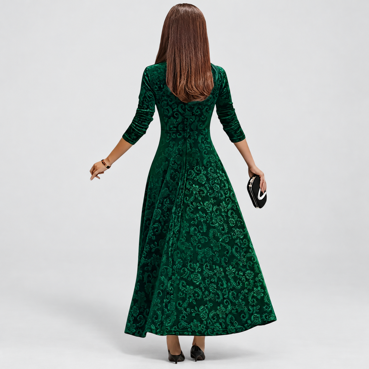 Women's Floral Velvet Midi Dress with Square Neckline — view 9