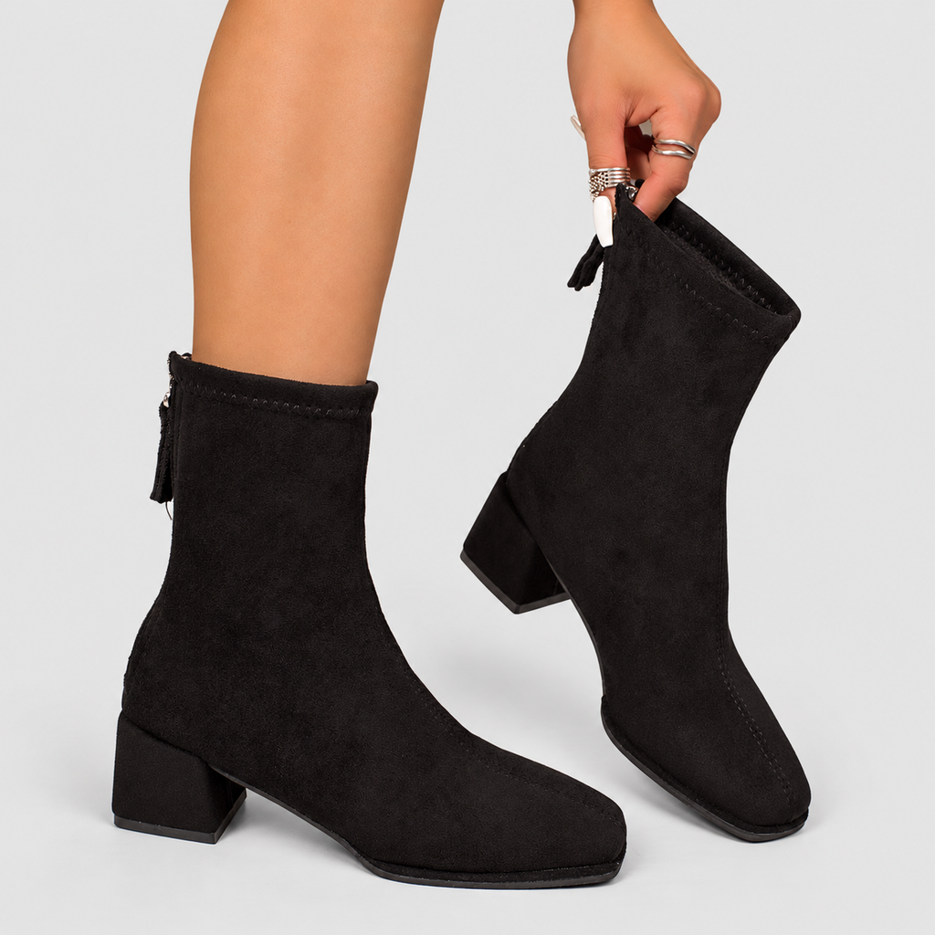 Women's Square-Toe Faux Suede Block-Heel Ankle Boots in Black — view 1