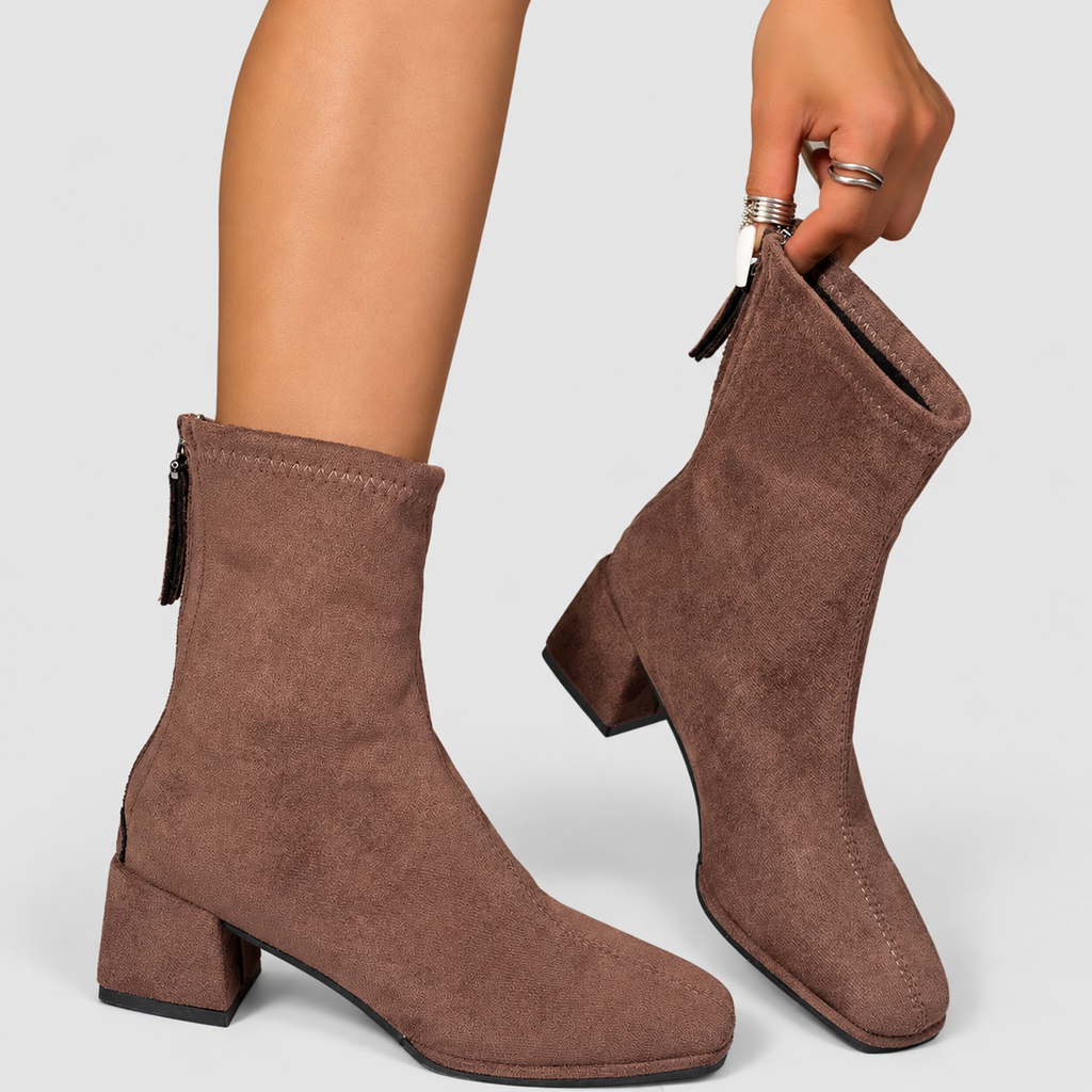 Women's Square-Toe Faux Suede Block-Heel Ankle Boots in Brown — view 3