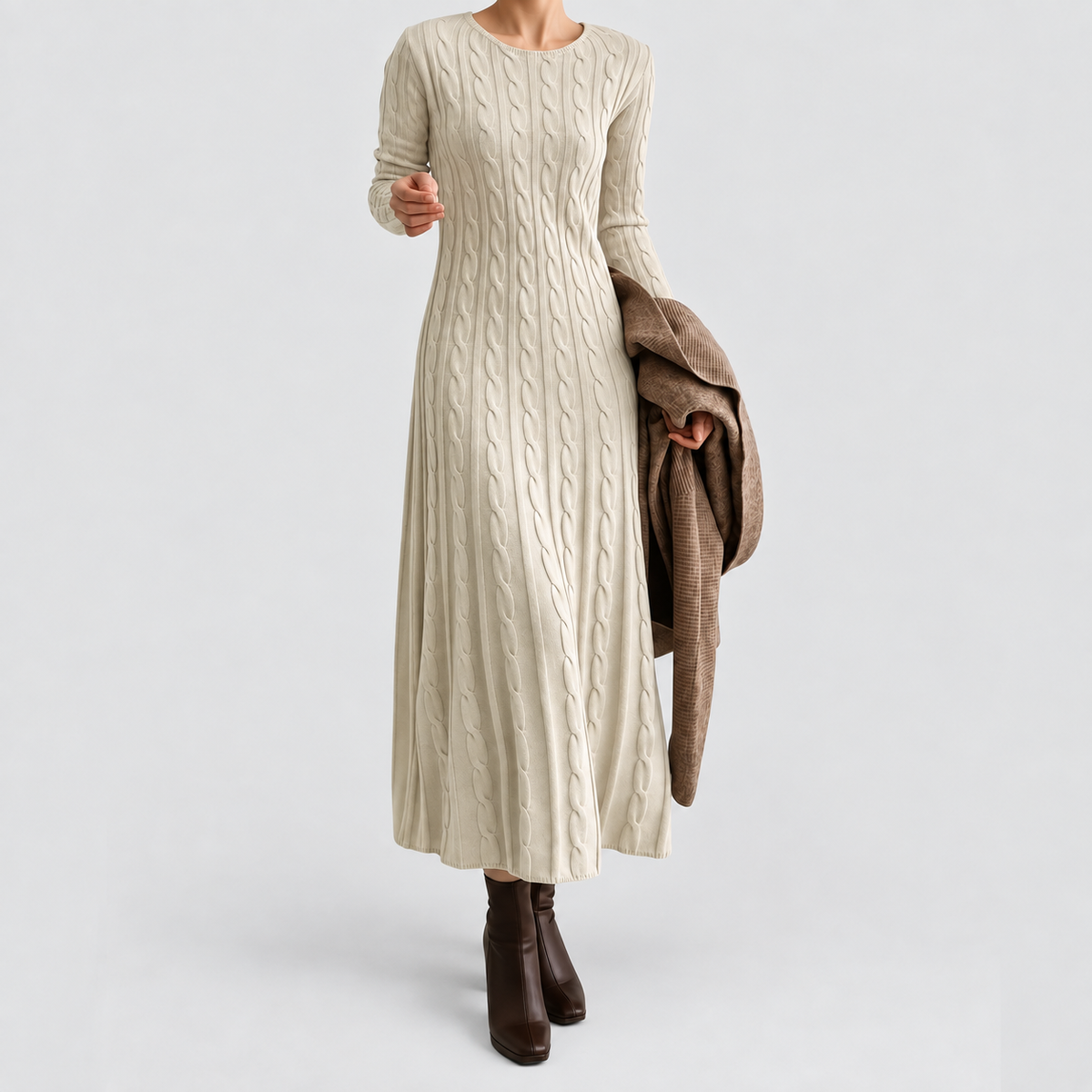 Women's Cable-Knit Midi Dress in Apricot — view 1