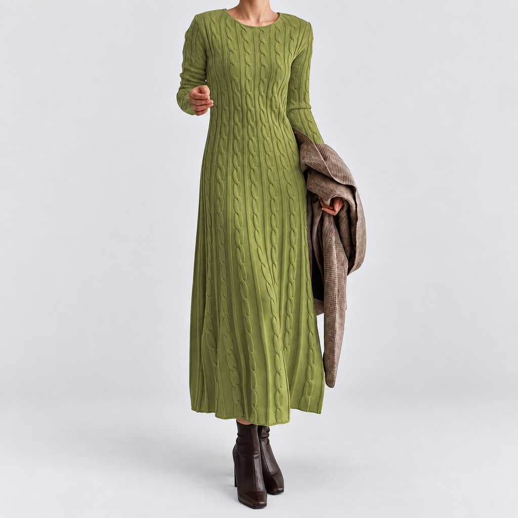 Women's Cable-Knit Midi Dress in Green — view 2