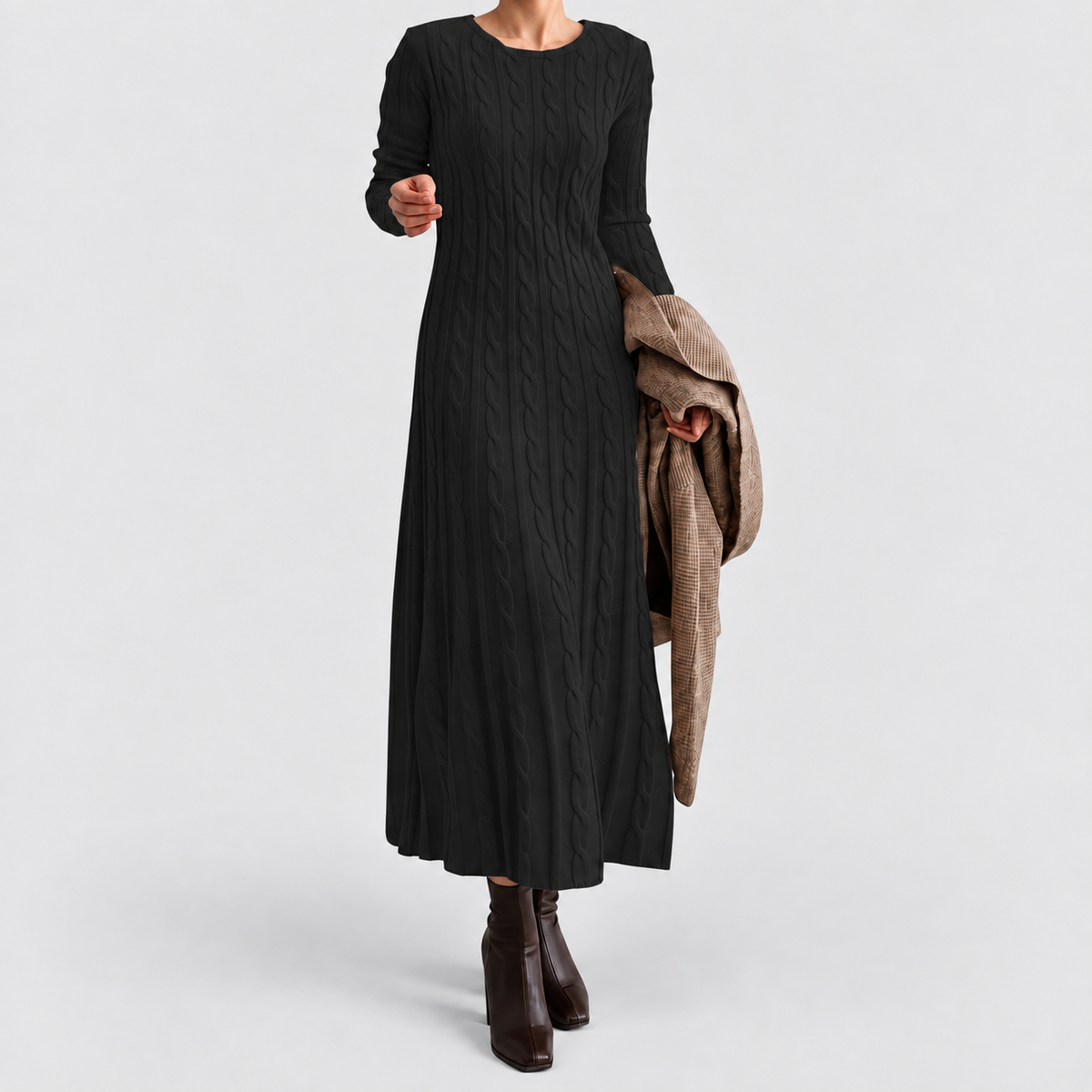 Women's Cable-Knit Midi Dress in Black — view 4