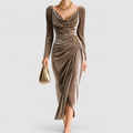 Women's Velvet Cowl-Neck Ruched Long-Sleeve Midi Dress in Brown — view 1