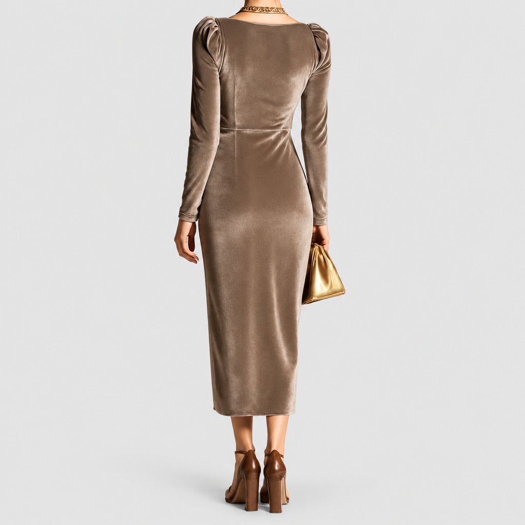 Women's Velvet Cowl-Neck Ruched Long-Sleeve Midi Dress — view 2