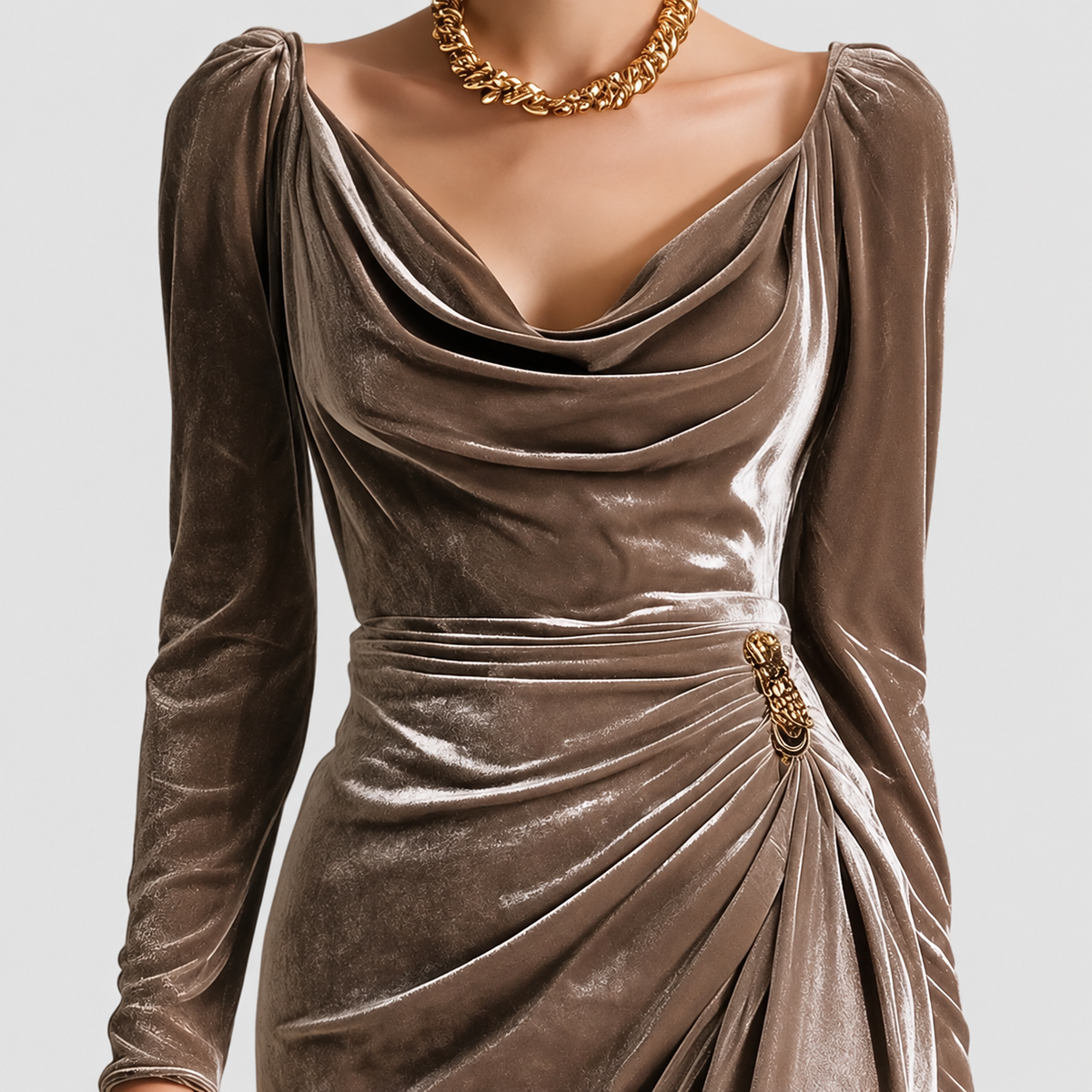Women's Velvet Cowl-Neck Ruched Long-Sleeve Midi Dress — view 3