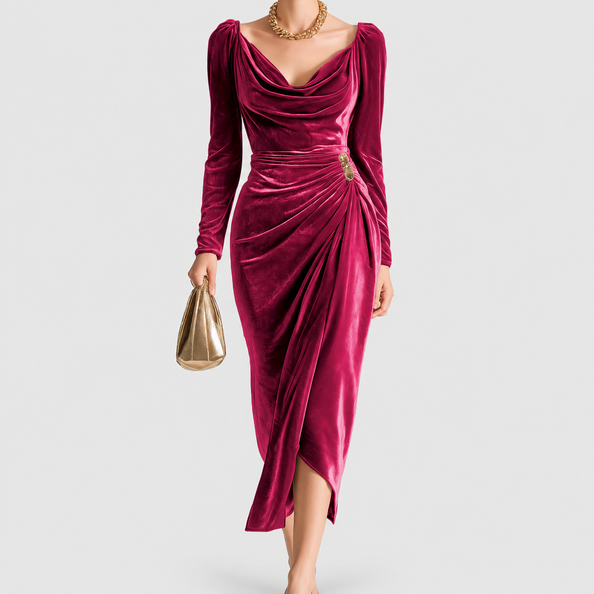 Women's Velvet Cowl-Neck Ruched Long-Sleeve Midi Dress in Rose — view 5