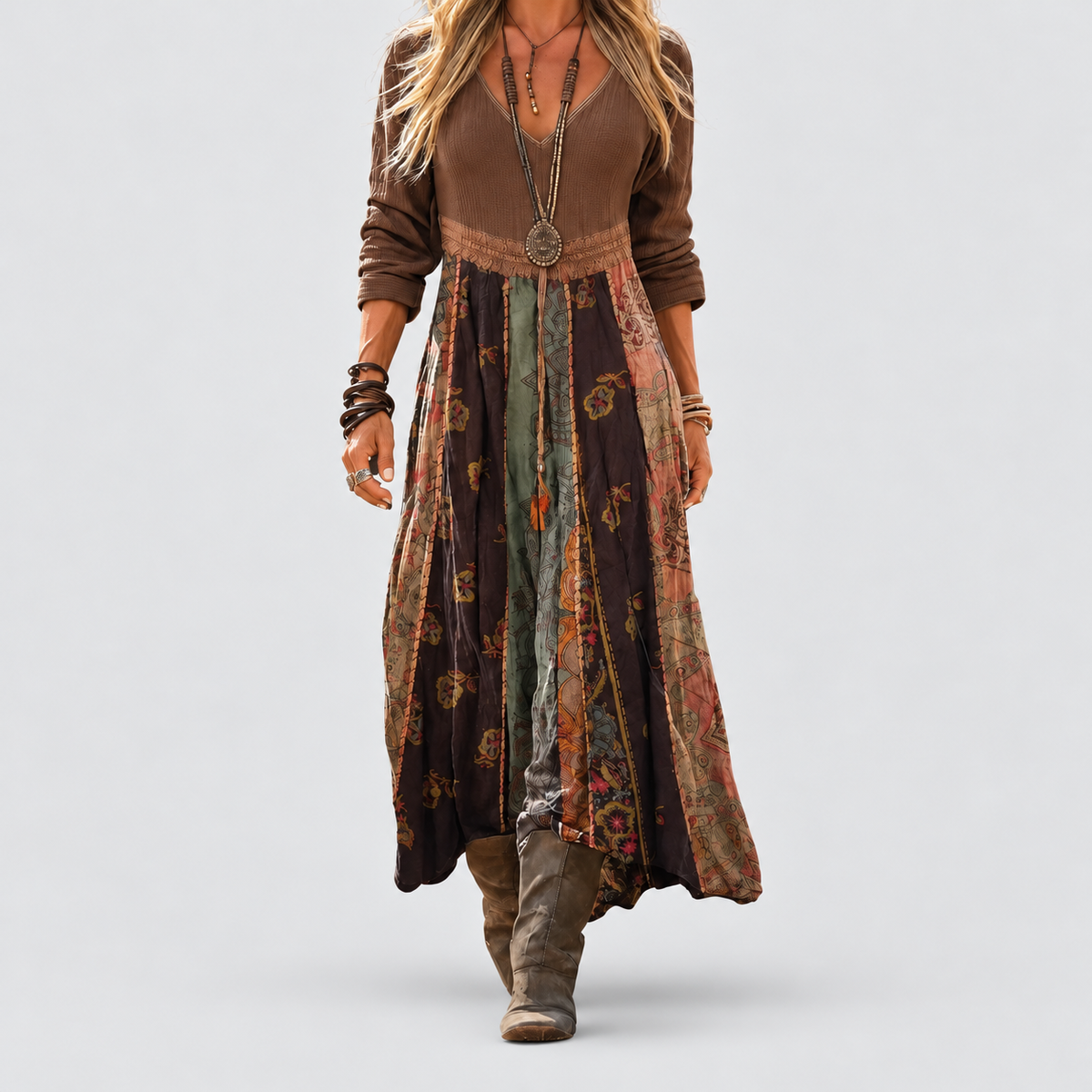 Women's Boho Long-Sleeve Patchwork Maxi Dress in Brown — view 1