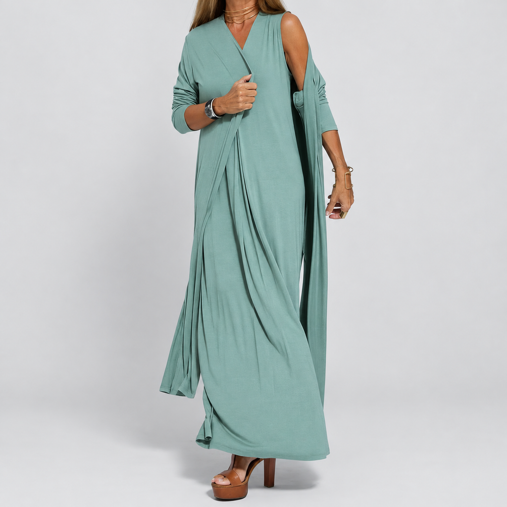 Women's Long V-Neck Dress with Coordinating Cardigan — view 5