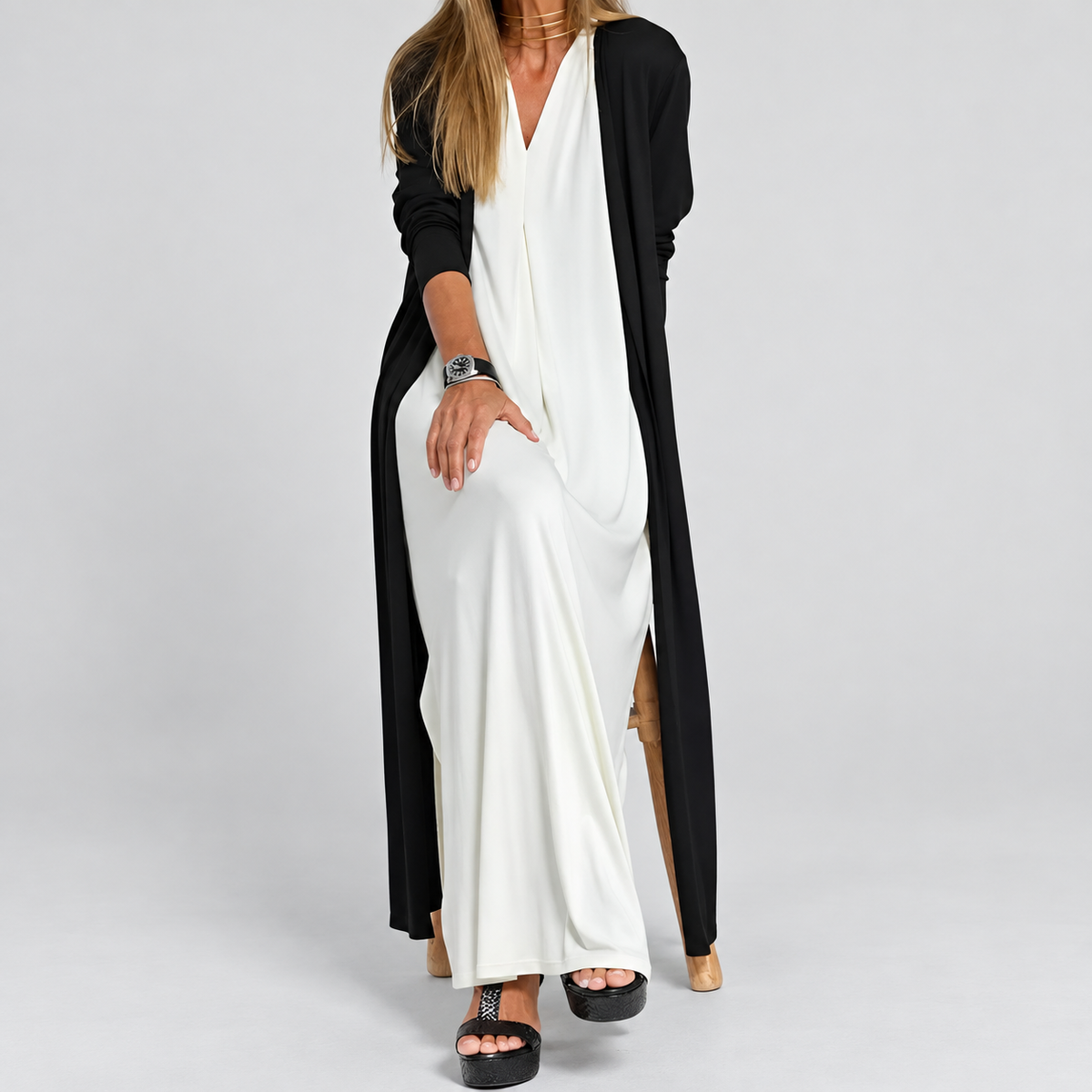 Women's Long V-Neck Dress with Coordinating Cardigan — view 7