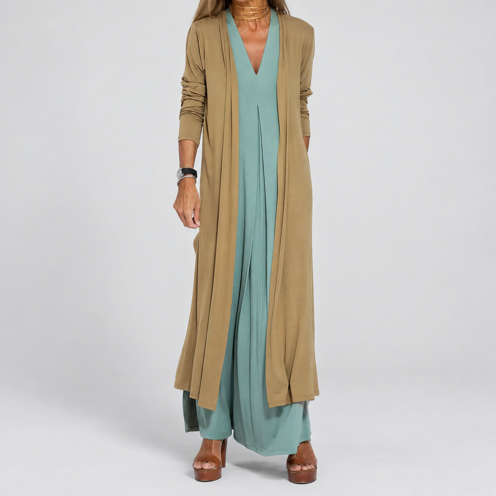 Women's Long V-Neck Dress with Coordinating Cardigan — view 9