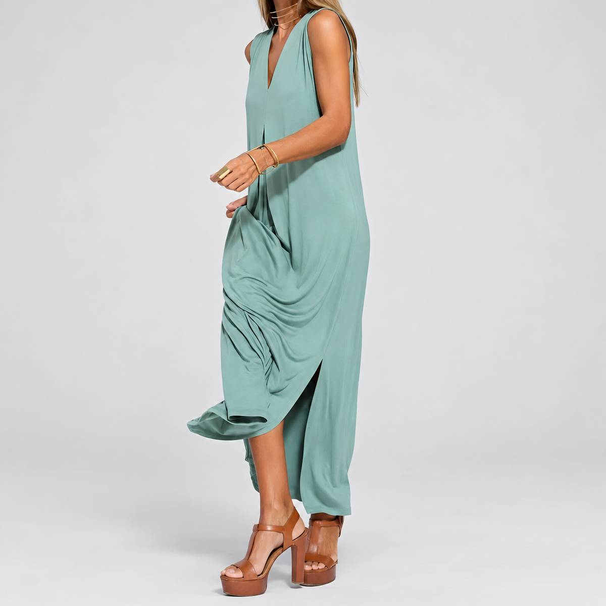 Women's Long V-Neck Dress with Coordinating Cardigan — view 12