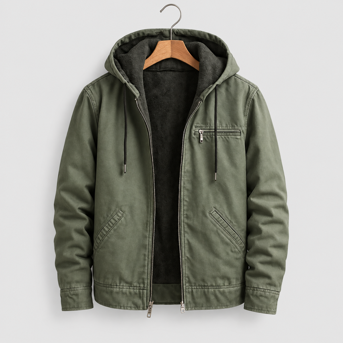 Men's Sherpa-Lined Hooded Jacket in Green — view 2