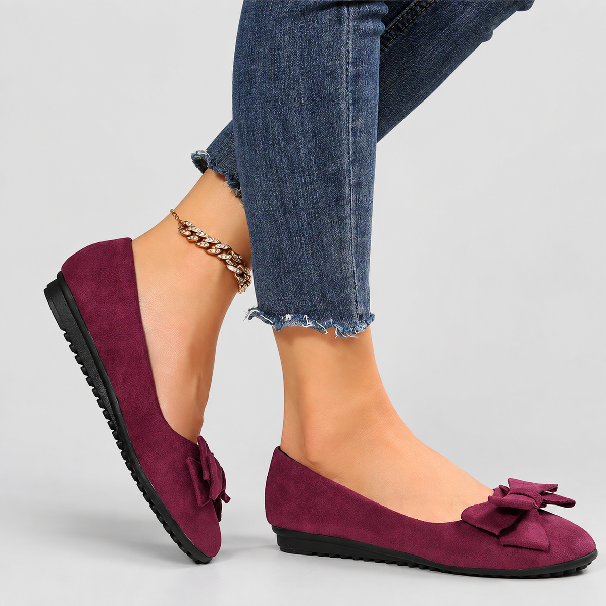 Women's Bow Flat Shoes in Burgundy — view 3