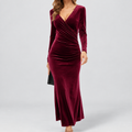 Women's Velvet Midi Dress with V-Neck and Ruched Detail in Red — view 1