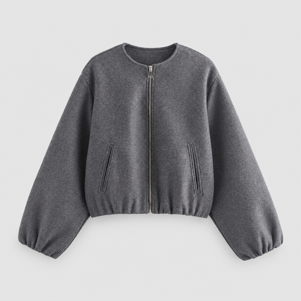 Women's Cropped Relaxed Bomber Jacket with Elasticated Hem and Cuffs in Dark Grey — view 1