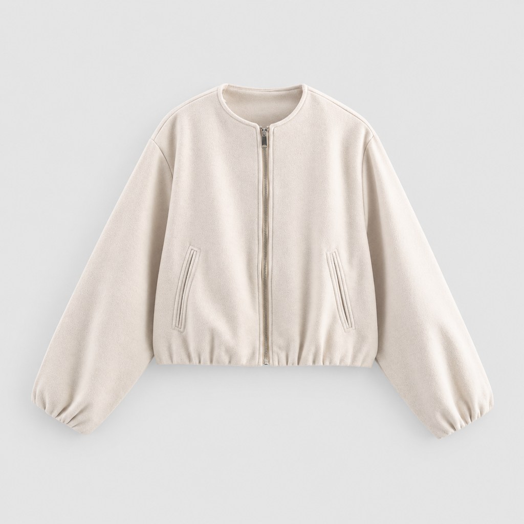 Women's Cropped Relaxed Bomber Jacket with Elasticated Hem and Cuffs in Beige — view 3
