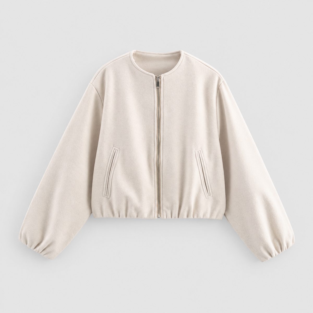 Women's Cropped Relaxed Bomber Jacket with Elasticated Hem and Cuffs in Beige — view 3