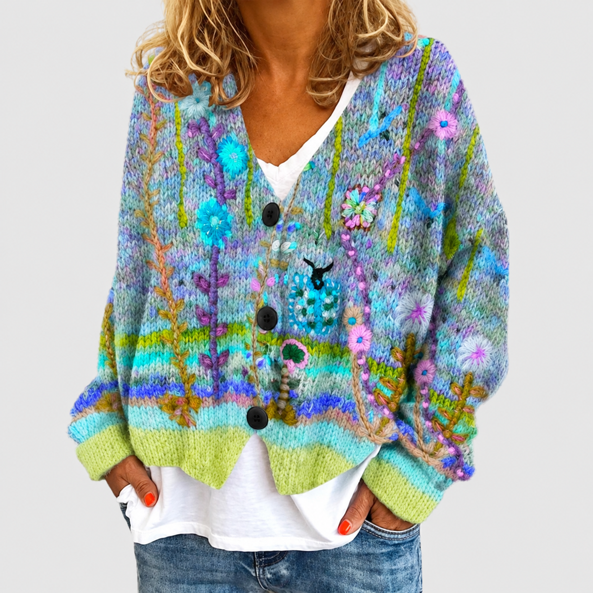 Women's Floral Embroidered Multicolour Knit Cardigan in Green — view 2