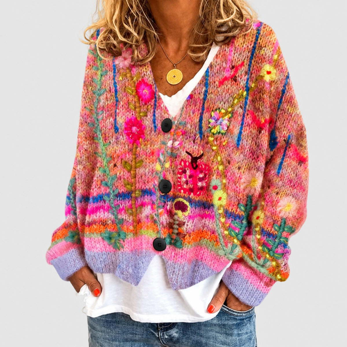 Women's Floral Embroidered Multicolour Knit Cardigan in Red — view 3