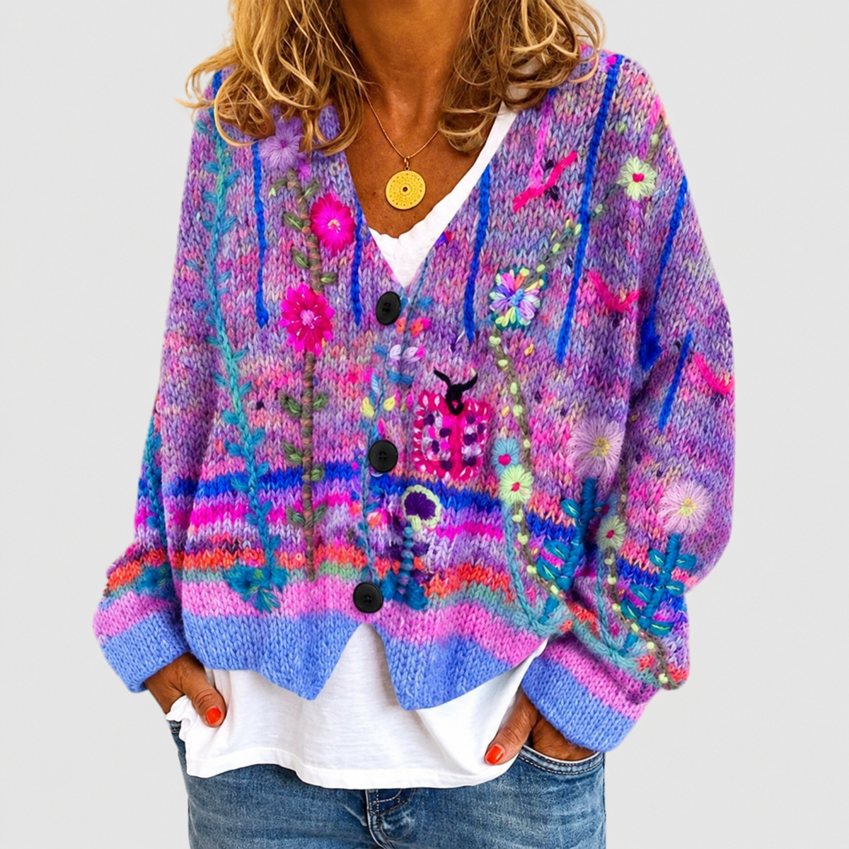 Women's Floral Embroidered Multicolour Knit Cardigan in Purple — view 4