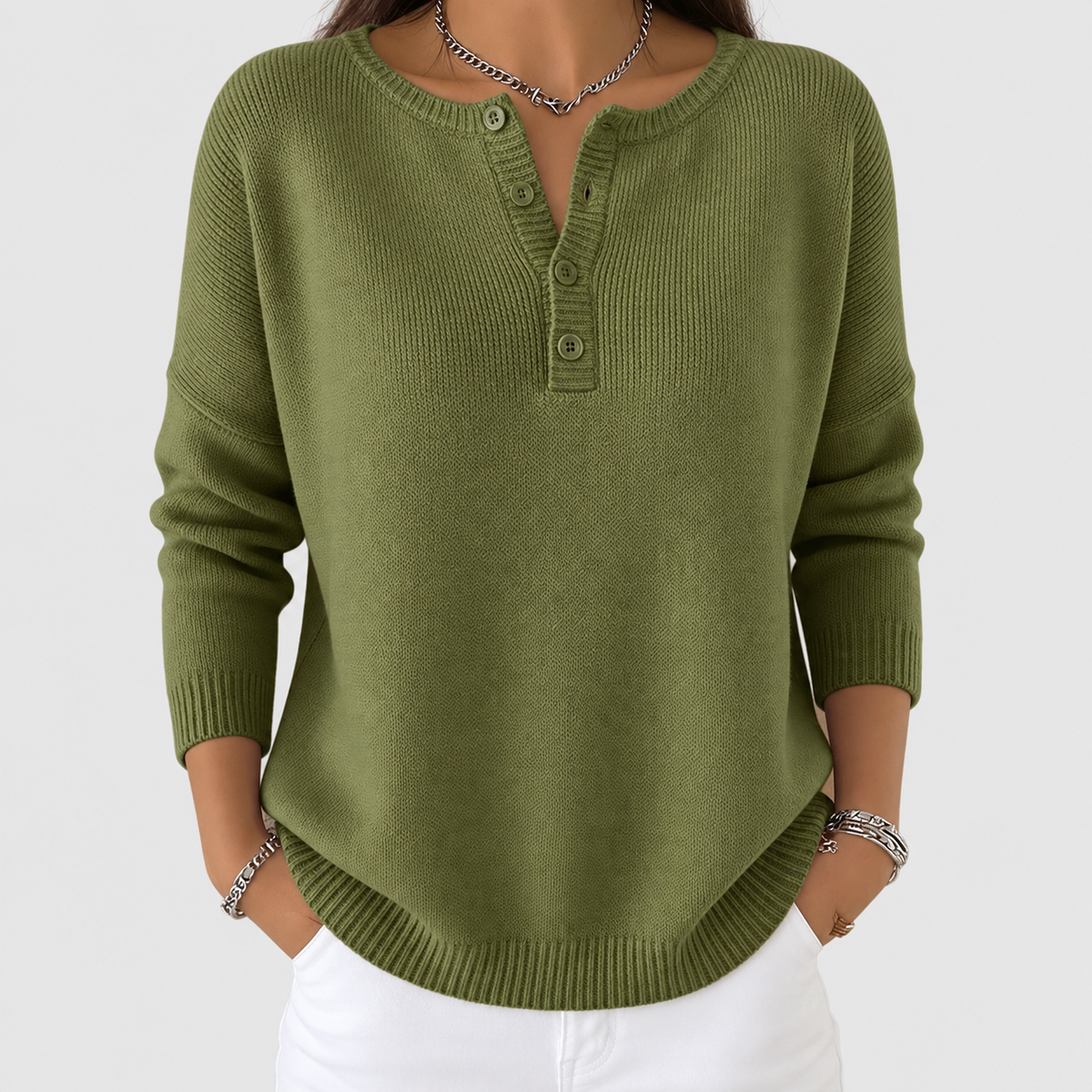 Women's Henley Button-Up Knit Jumper in Olive Green — view 1