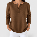 Women's Henley Button-Up Knit Jumper in Warm Brown — view 2