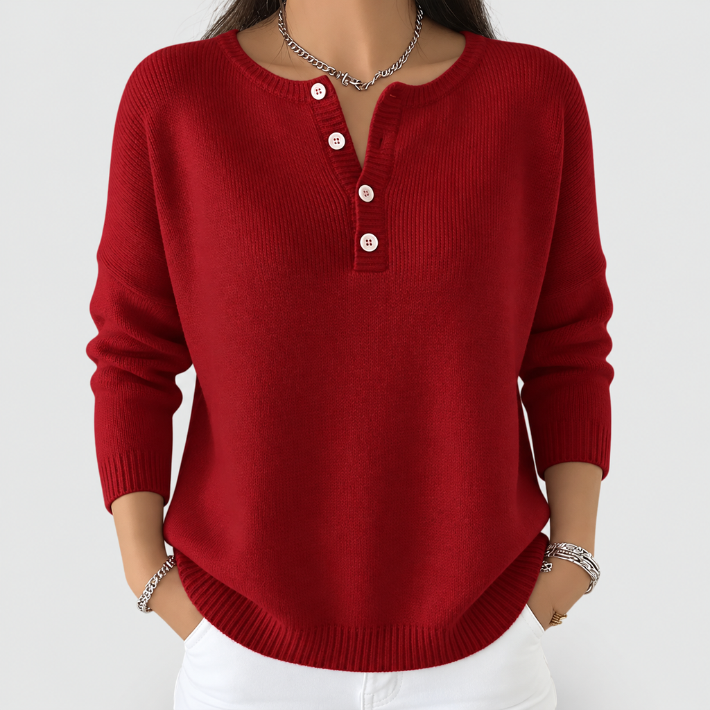 Women's Henley Button-Up Knit Jumper in Deep Red — view 3