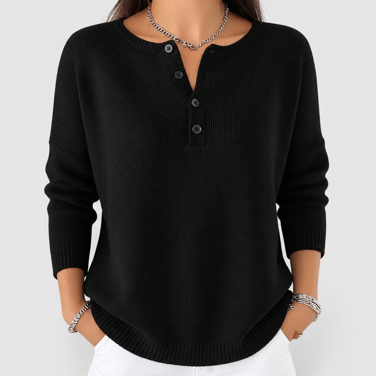 Women's Henley Button-Up Knit Jumper in Black — view 4