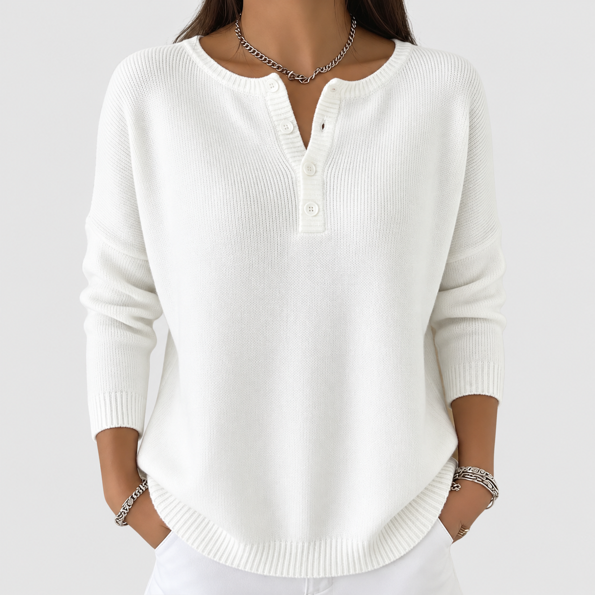 Women's Henley Button-Up Knit Jumper in White — view 6