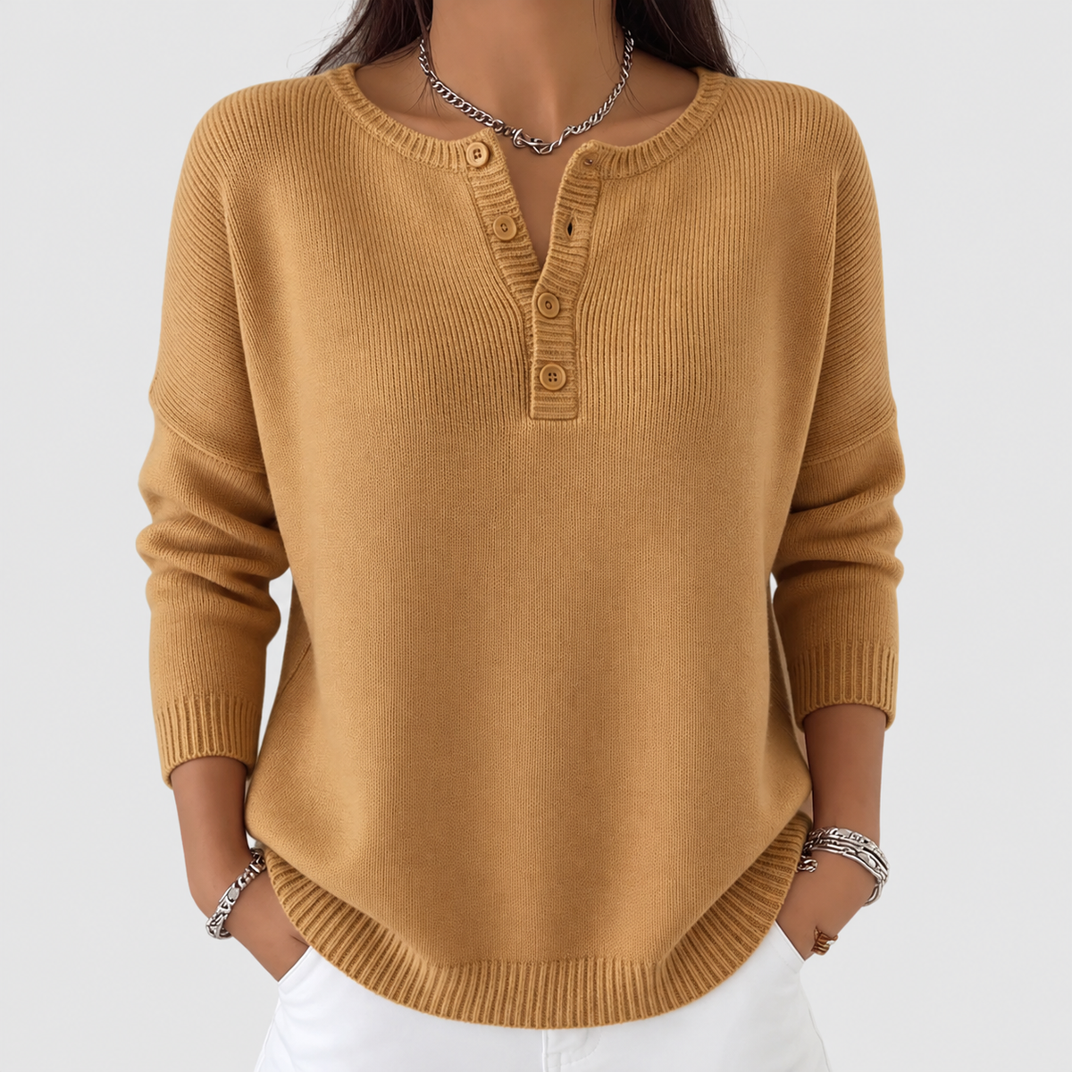 Women's Henley Button-Up Knit Jumper in Camel — view 7
