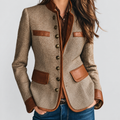 Women's Vintage Herringbone Tweed Jacket with Leather-Look Trim in Brown — view 1