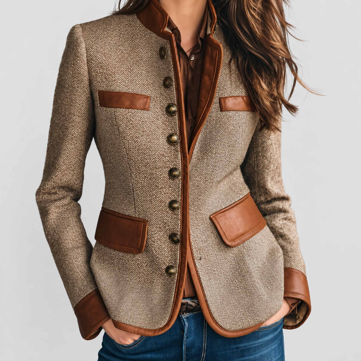 Women's Vintage Herringbone Tweed Jacket with Leather-Look Trim in Brown — view 1