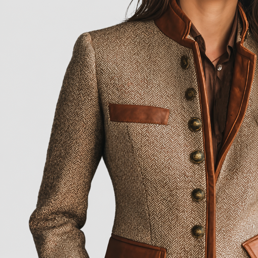 Women's Vintage Herringbone Tweed Jacket with Leather-Look Trim — view 2