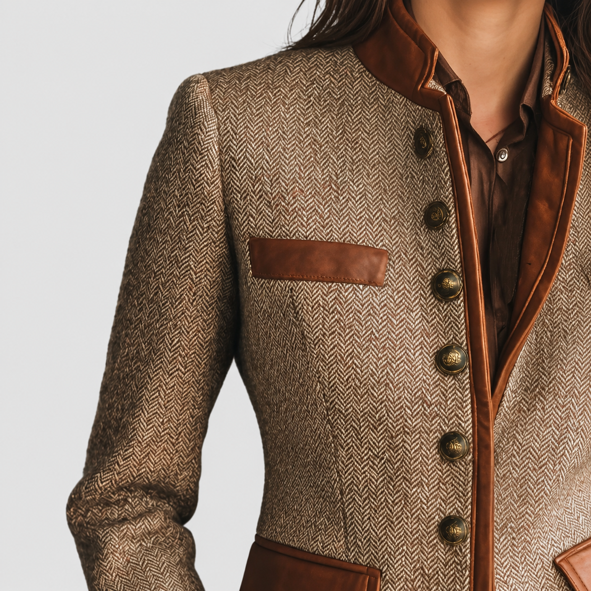 Women's Vintage Herringbone Tweed Jacket with Leather-Look Trim — view 2