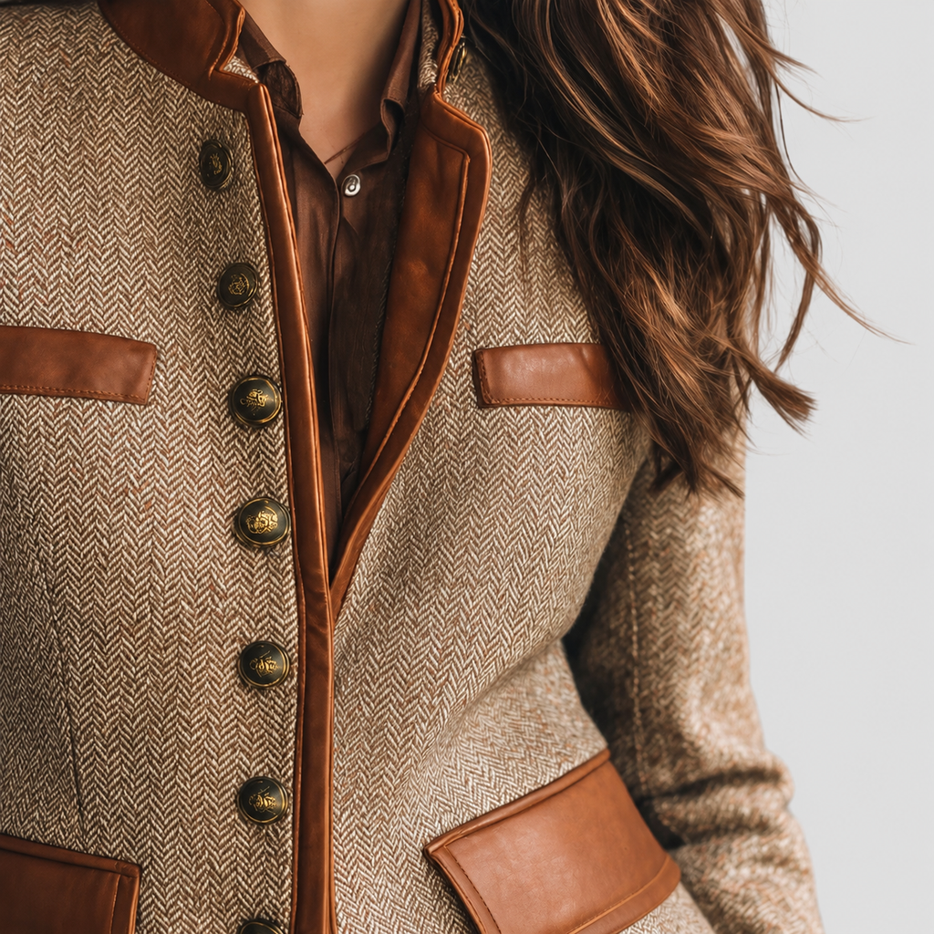 Women's Vintage Herringbone Tweed Jacket with Leather-Look Trim — view 3