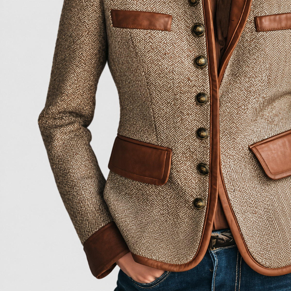 Women's Vintage Herringbone Tweed Jacket with Leather-Look Trim — view 4