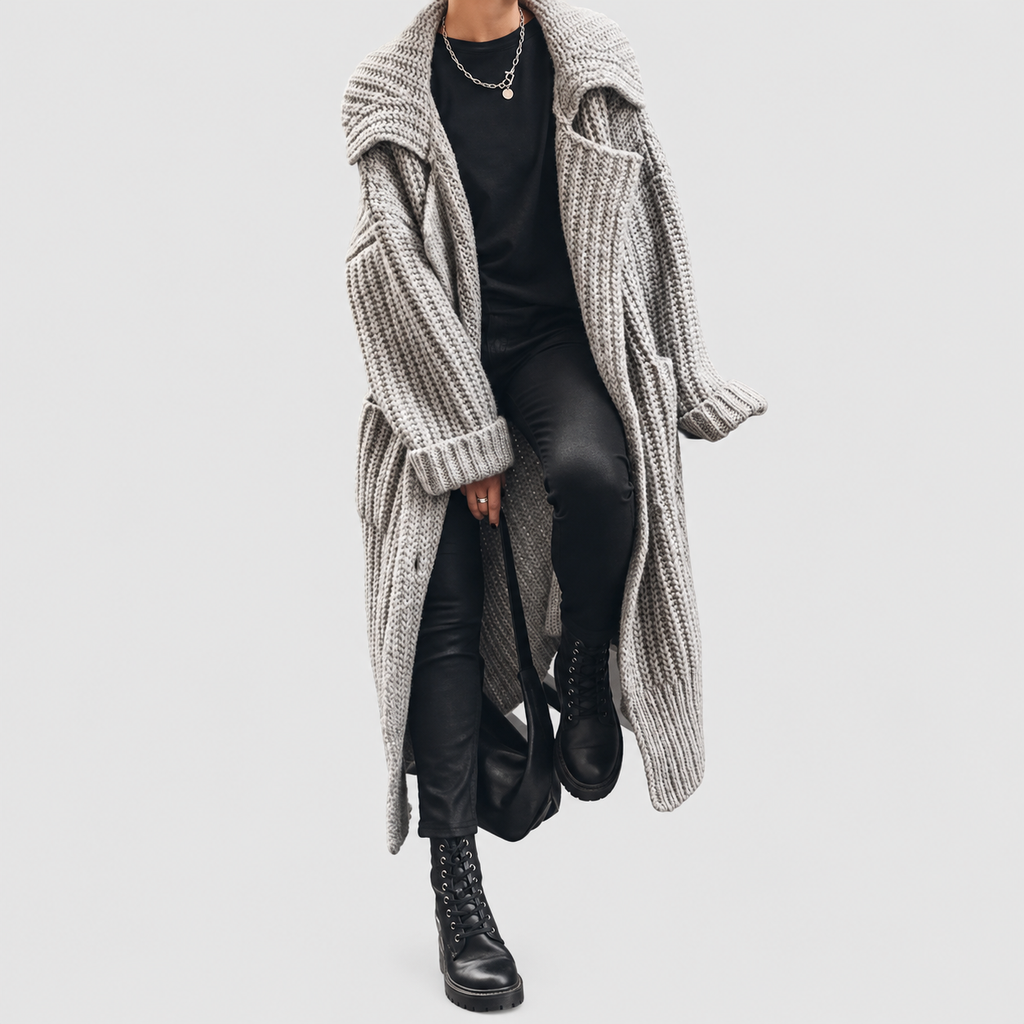 Women's Oversized Chunky Knit Lapel Longline Cardigan in Grey — view 1