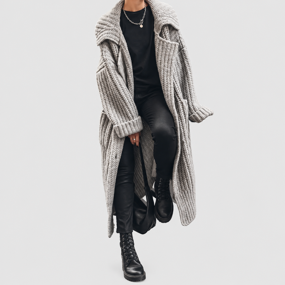 Women's Oversized Chunky Knit Lapel Longline Cardigan in Grey — view 1