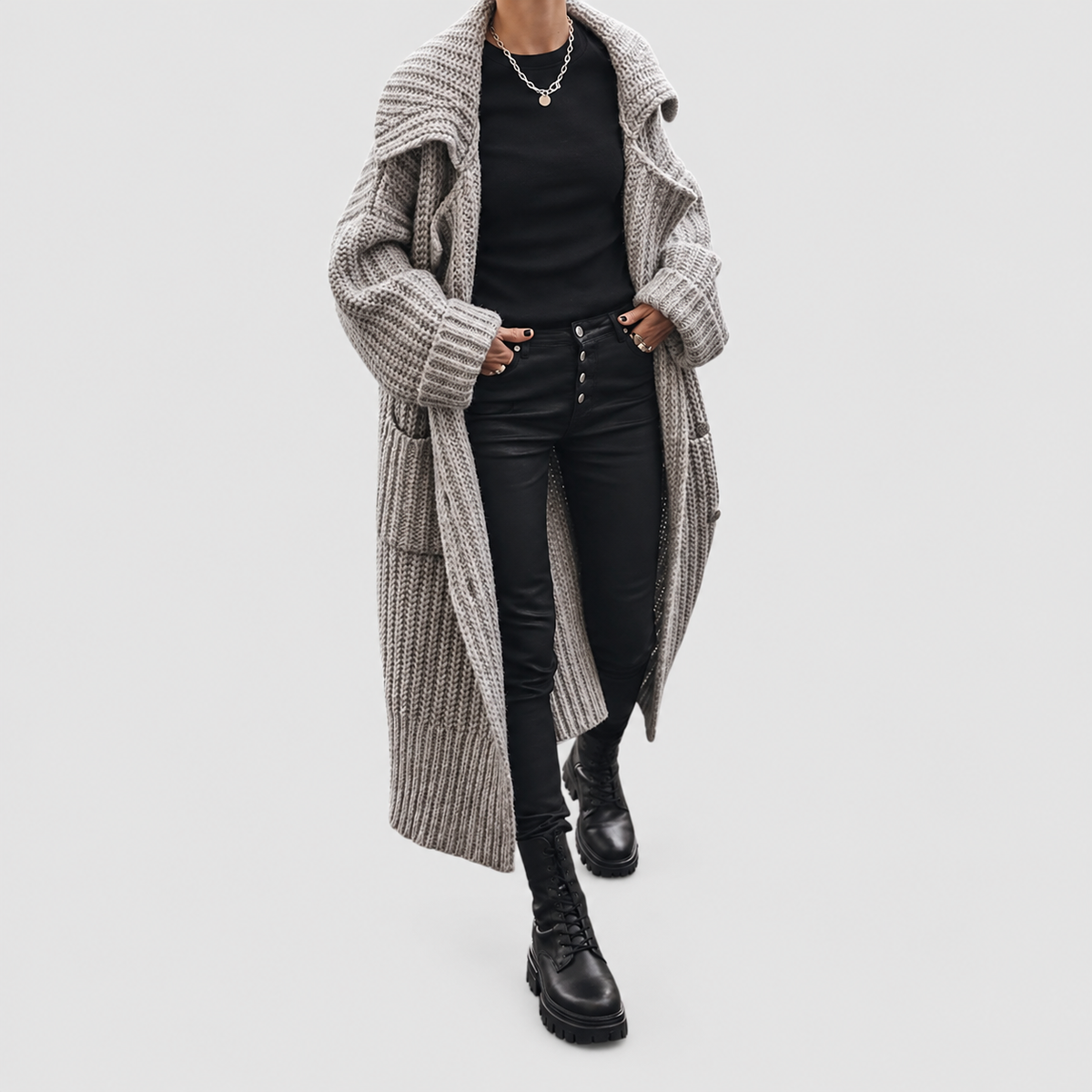 Women's Oversized Chunky Knit Lapel Longline Cardigan — view 2