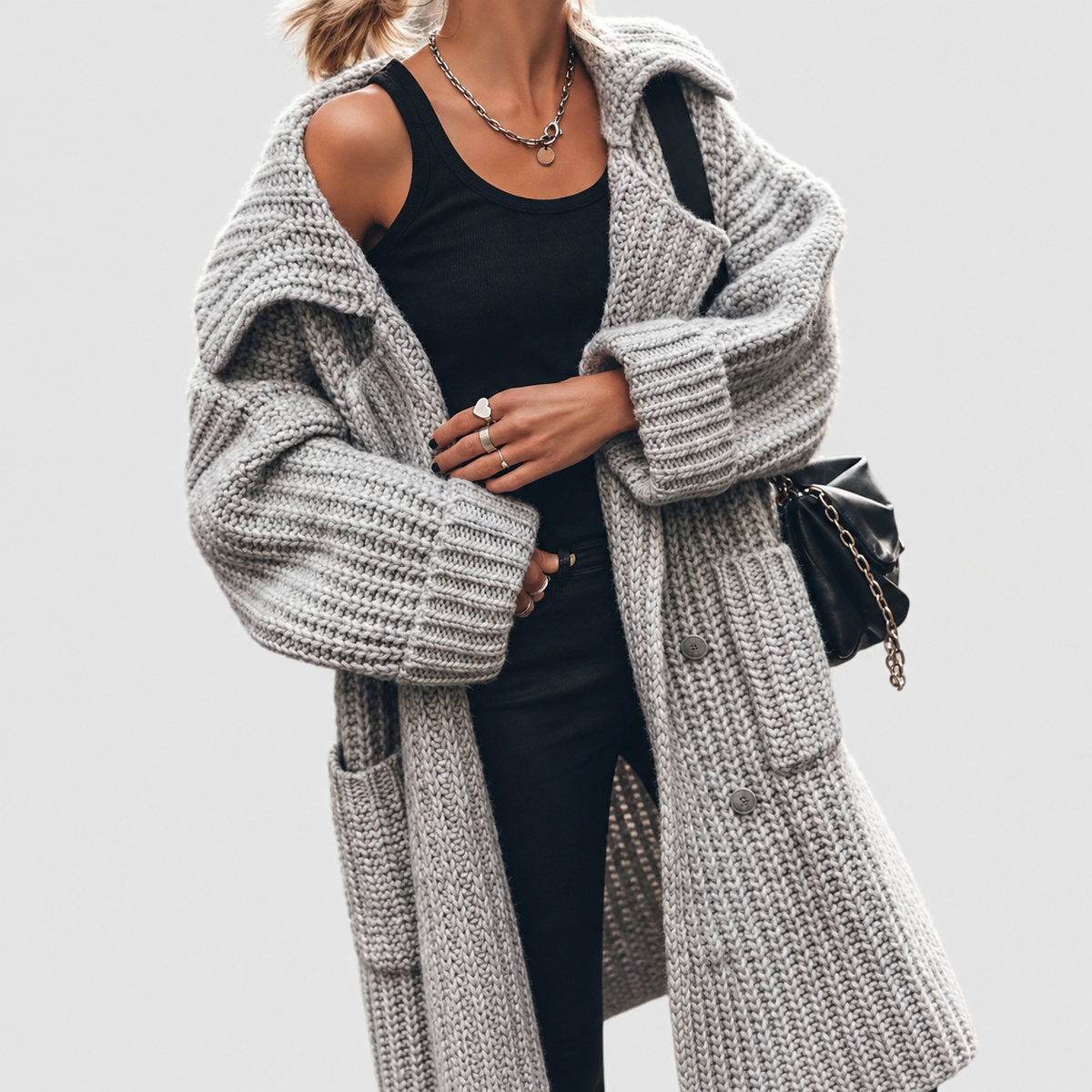 Women's Oversized Chunky Knit Lapel Longline Cardigan — view 4