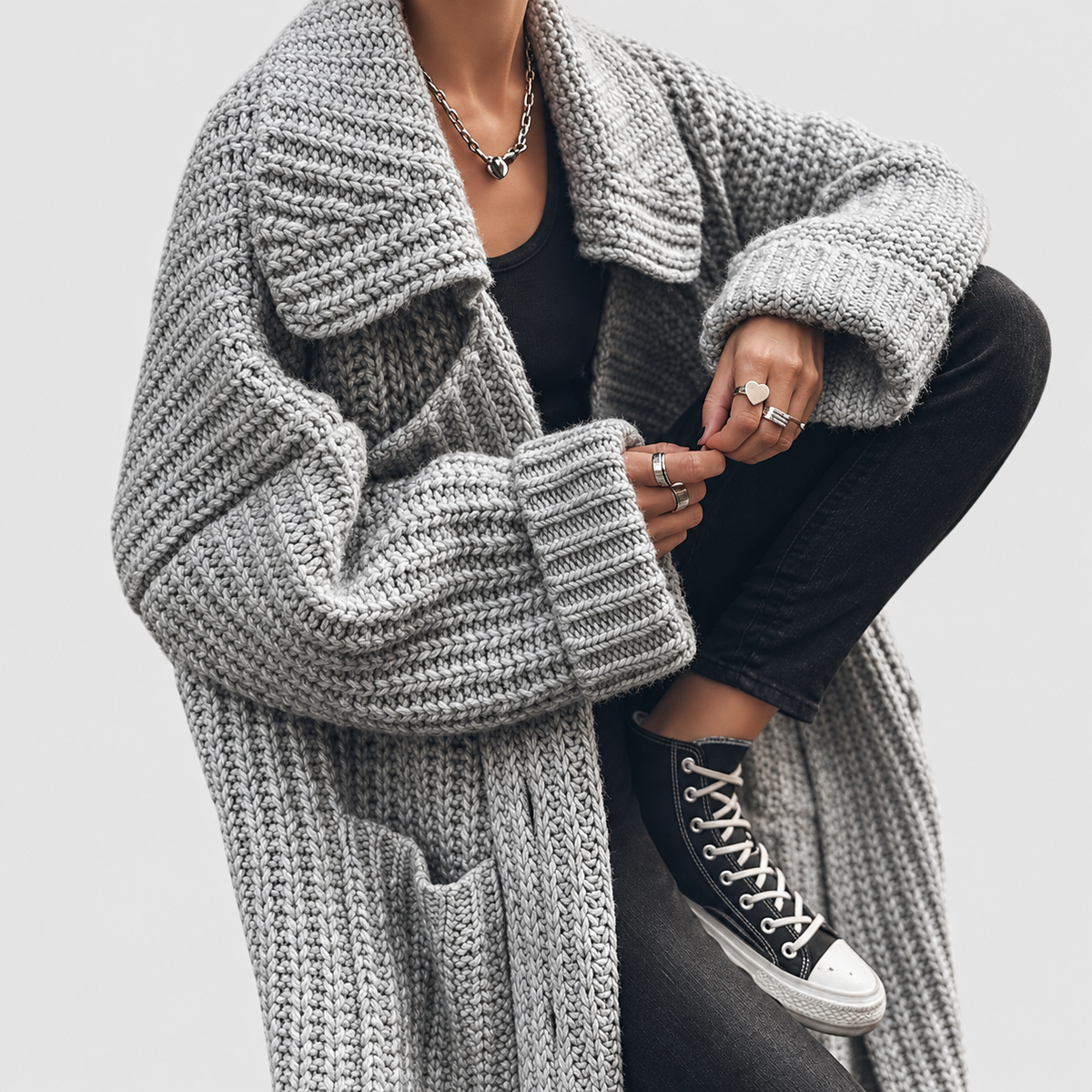 Women's Oversized Chunky Knit Lapel Longline Cardigan — view 5