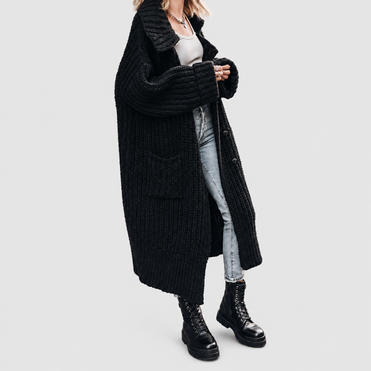 Women's Oversized Chunky Knit Lapel Longline Cardigan in Black — view 6